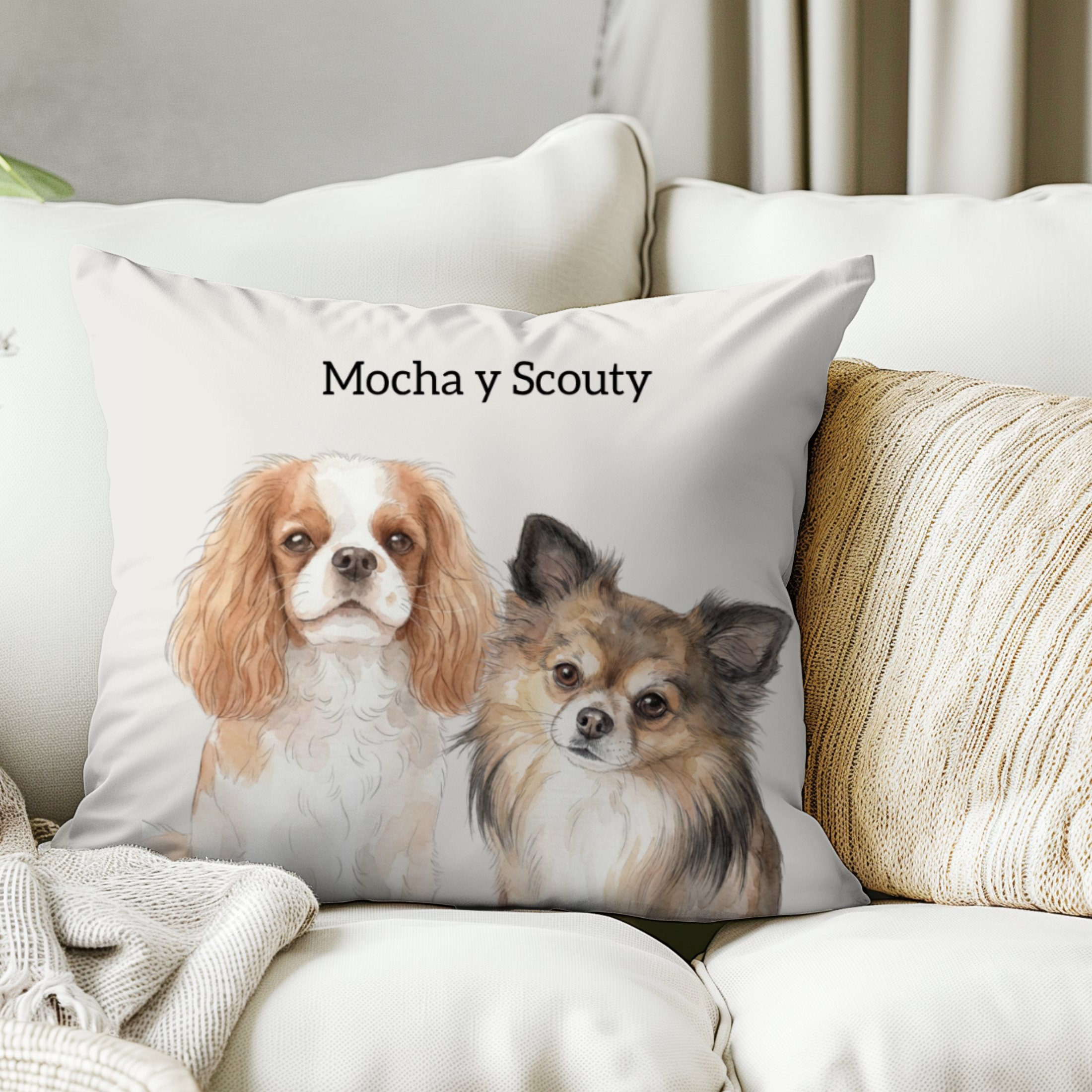 Cojín personalizado con la ilustración de tu mascota  en estilo aquarela                           -Empieza a personalizar el cojín con el retrato de tu mascota.