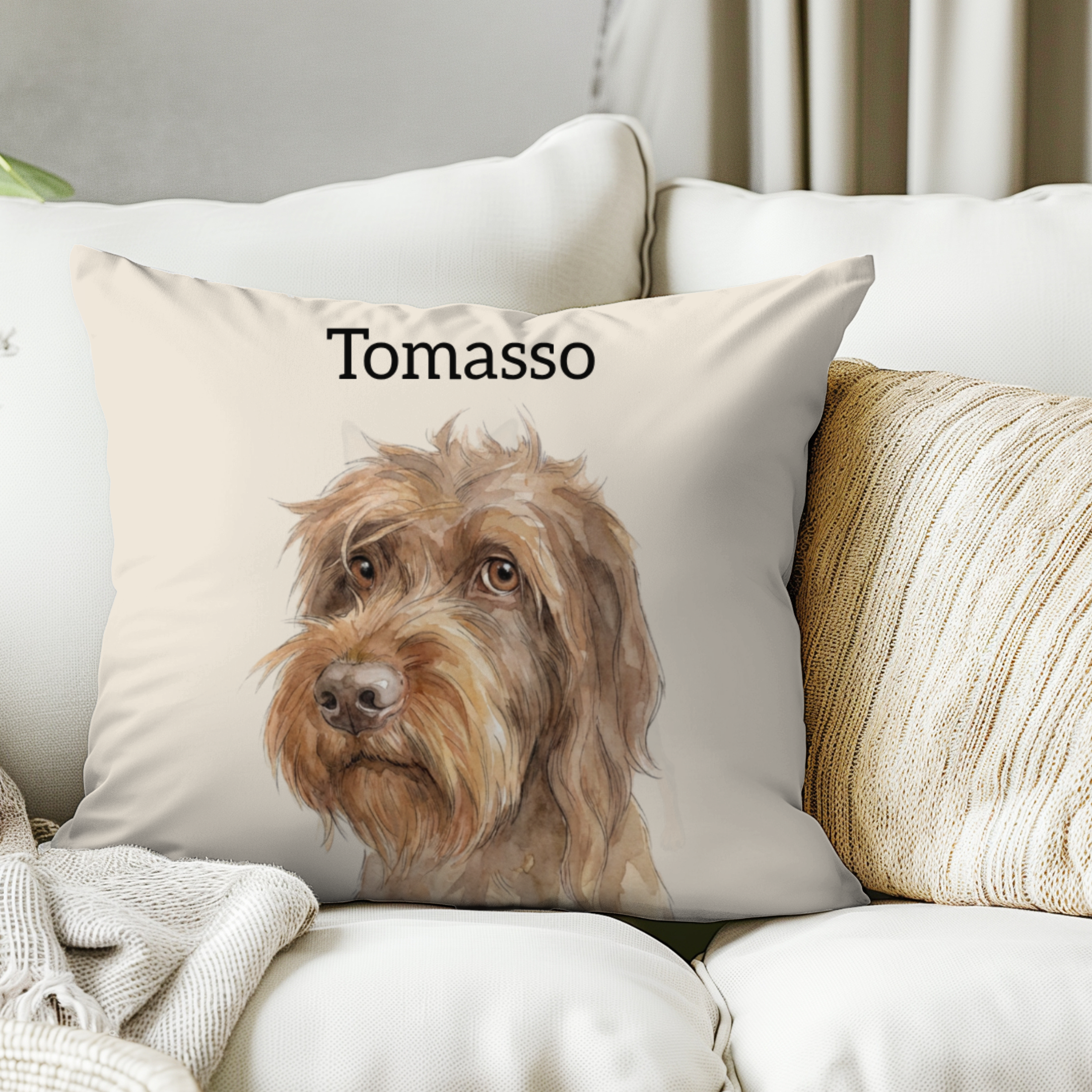 Cojín personalizado con la ilustración de tu mascota  en estilo aquarela                           -Empieza a personalizar el cojín con el retrato de tu mascota.