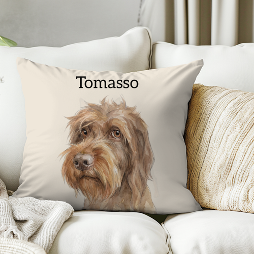 Cojín personalizado con la ilustración de tu mascota  en estilo aquarela                           -Empieza a personalizar el cojín con el retrato de tu mascota.