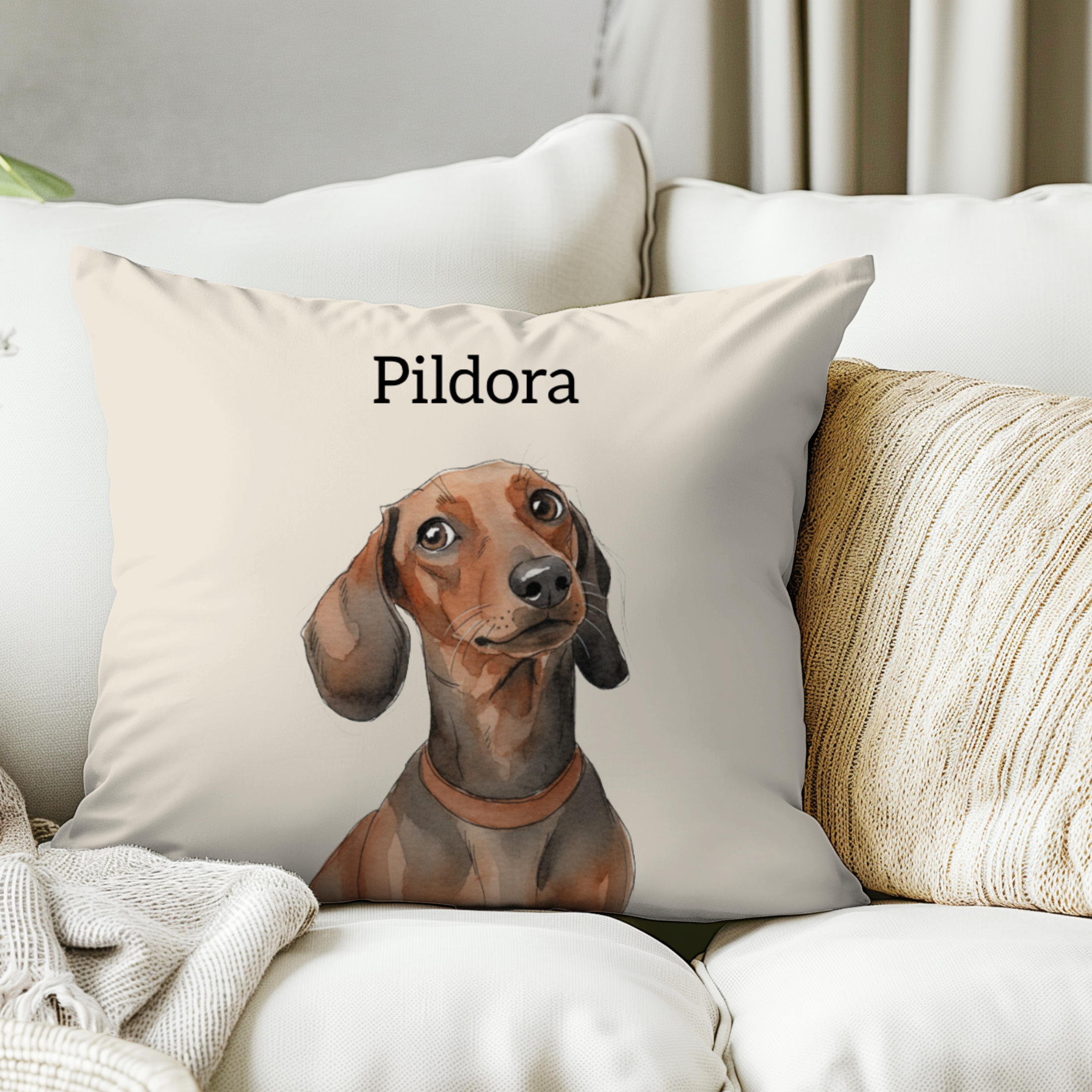 Cojín personalizado con la ilustración de tu mascota  en estilo aquarela                           -Empieza a personalizar el cojín con el retrato de tu mascota.