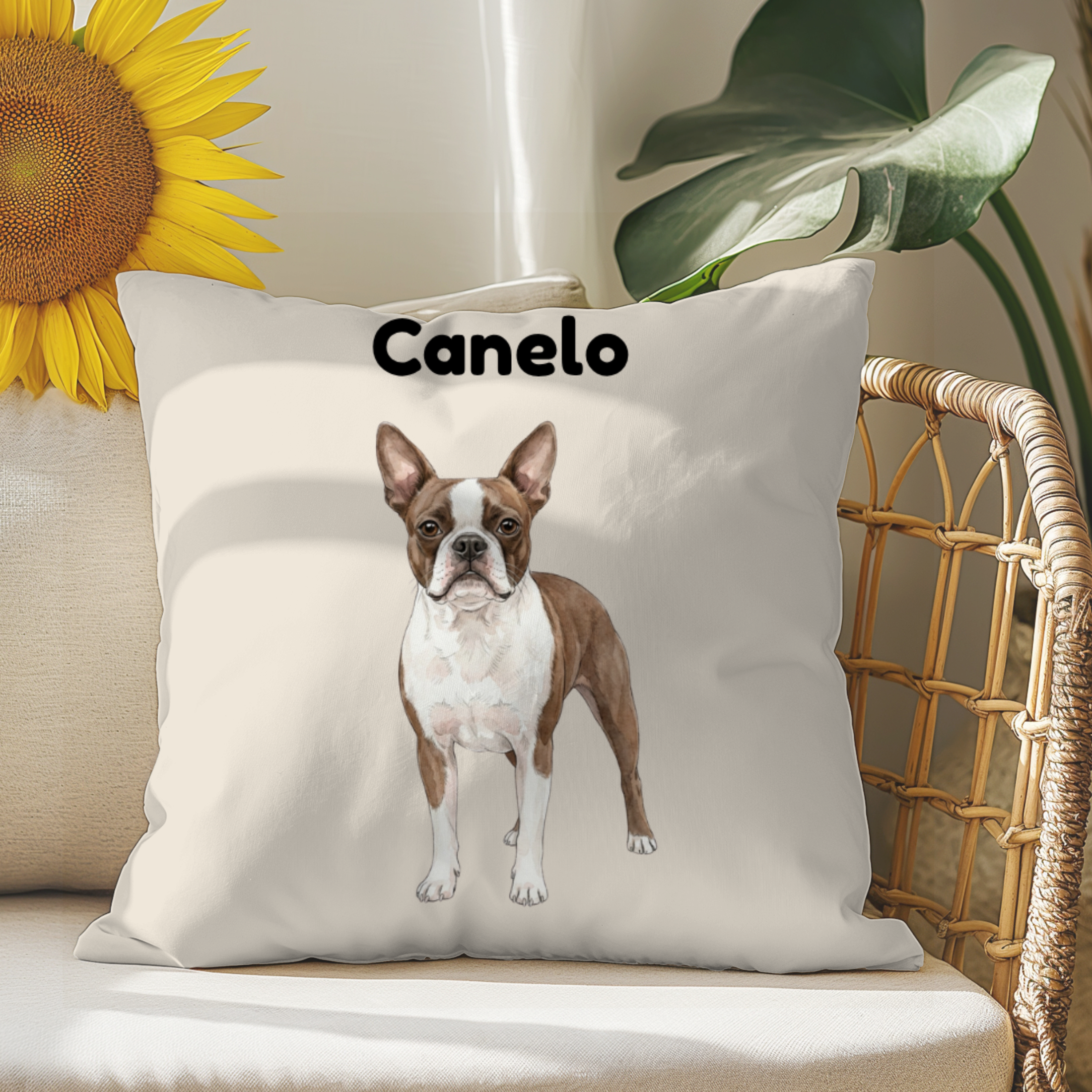 Cojín personalizado con la ilustración de tu mascota  en estilo aquarela                           -Empieza a personalizar el cojín con el retrato de tu mascota.