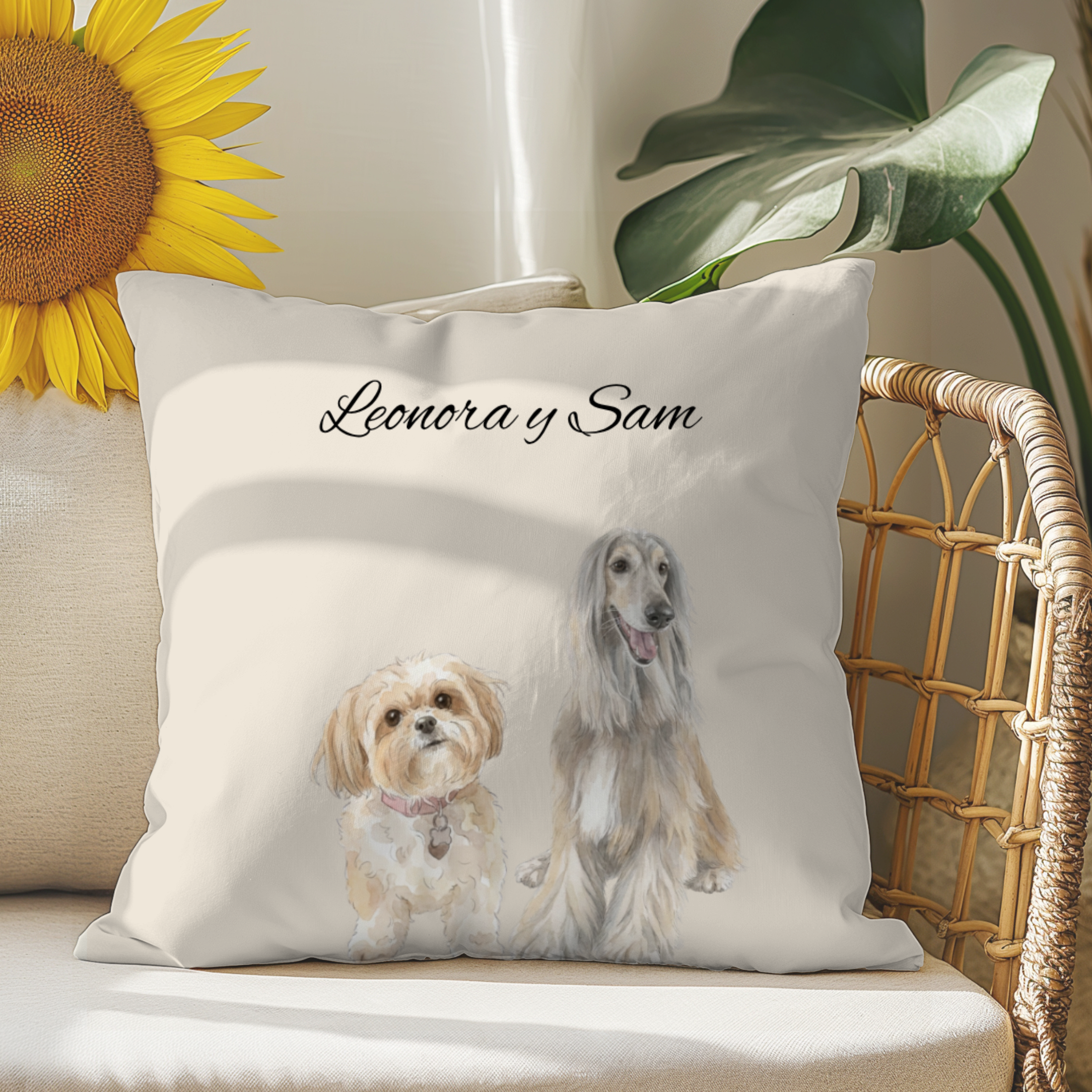 Cojín personalizado con la ilustración de tu mascota  en estilo aquarela                           -Empieza a personalizar el cojín con el retrato de tu mascota.