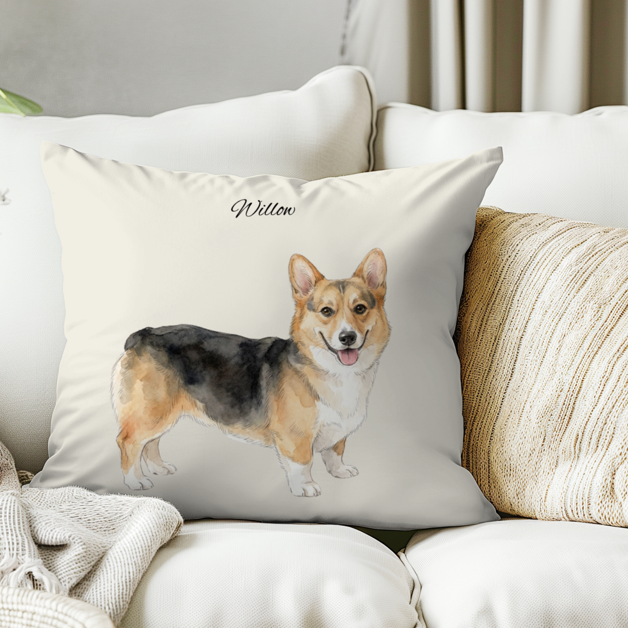 Cojín personalizado con la ilustración de tu mascota  en estilo aquarela                           -Empieza a personalizar el cojín con el retrato de tu mascota.