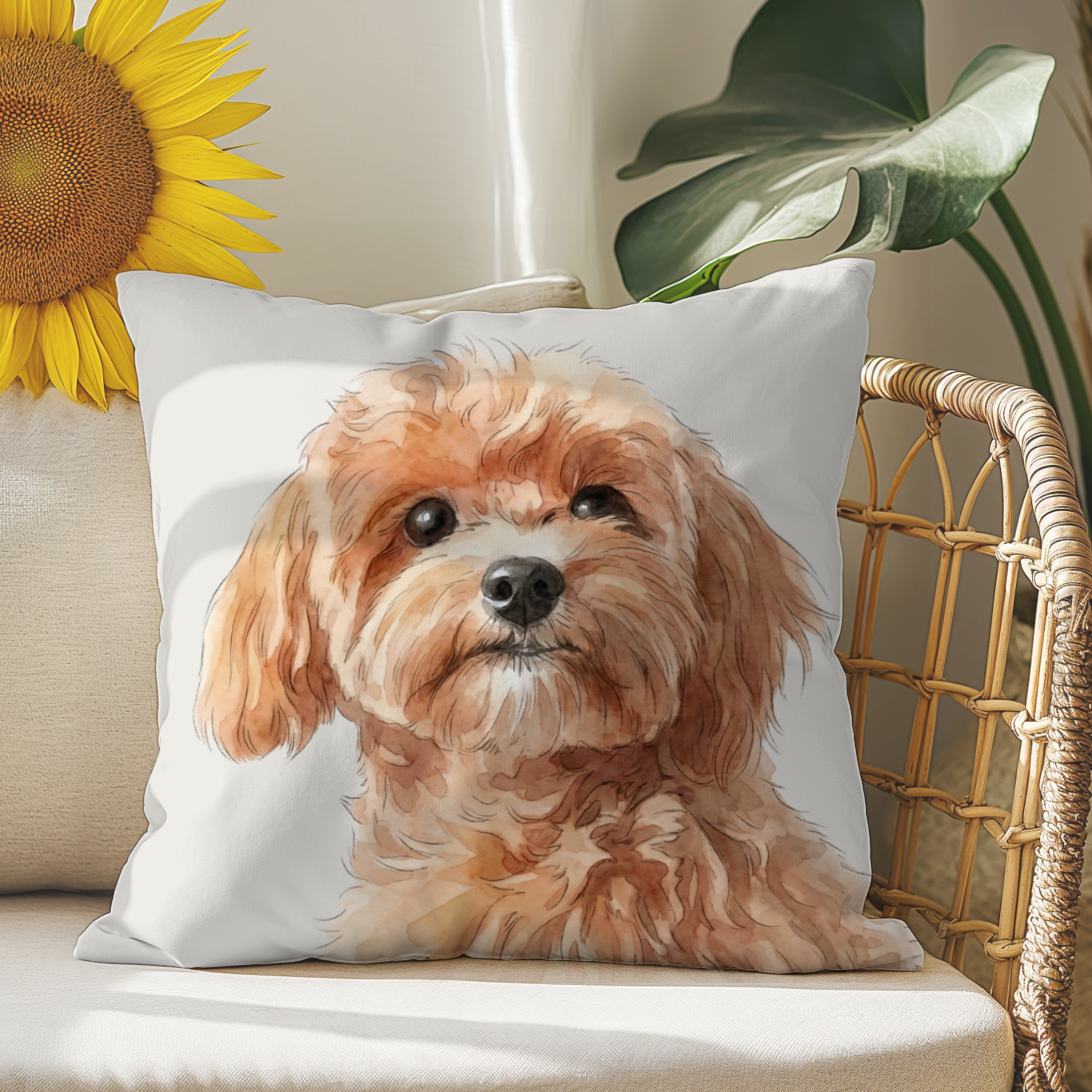 Cojín personalizado con la ilustración de tu mascota  en estilo aquarela                           -Empieza a personalizar el cojín con el retrato de tu mascota.