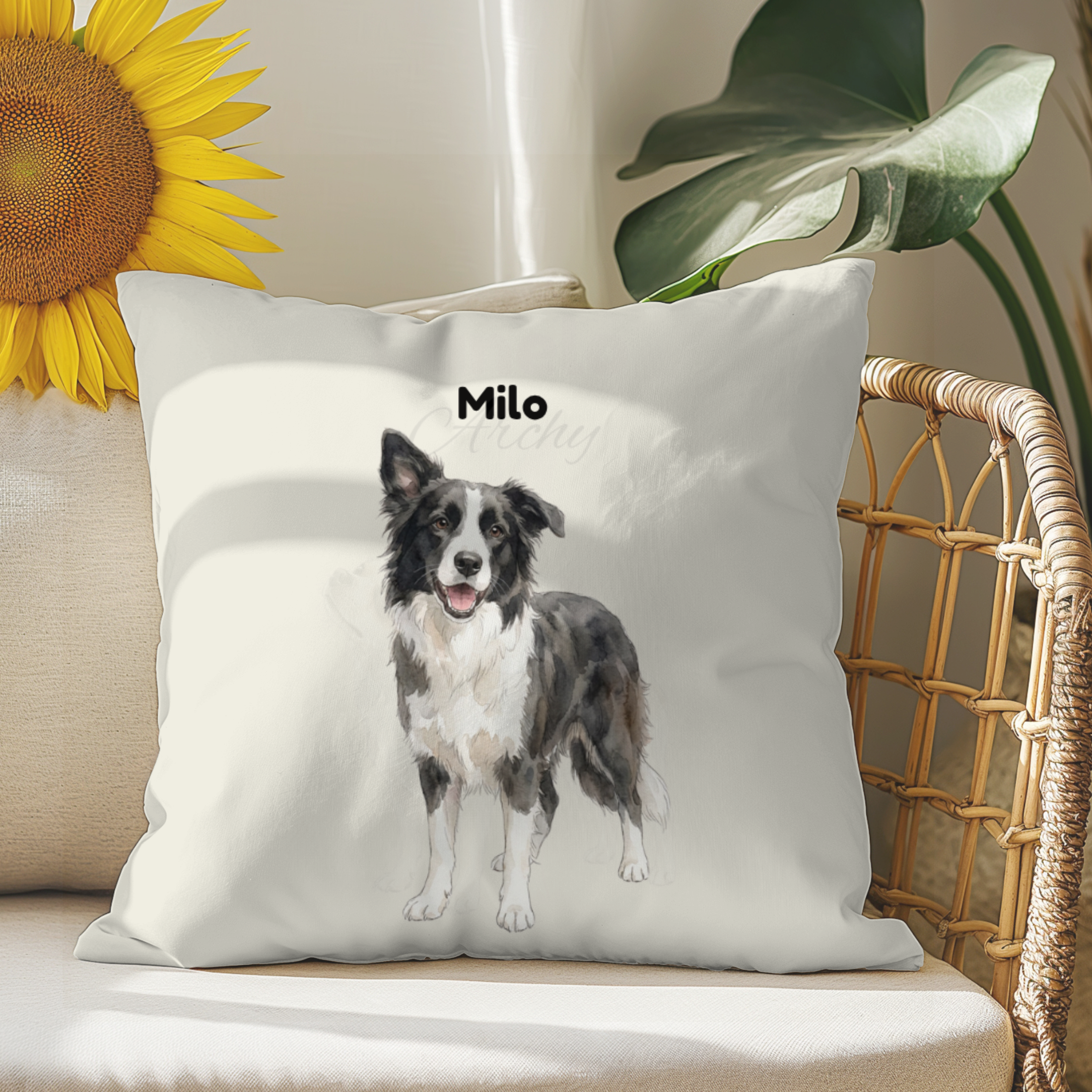 Cojín personalizado con la ilustración de tu mascota  en estilo aquarela                           -Empieza a personalizar el cojín con el retrato de tu mascota.