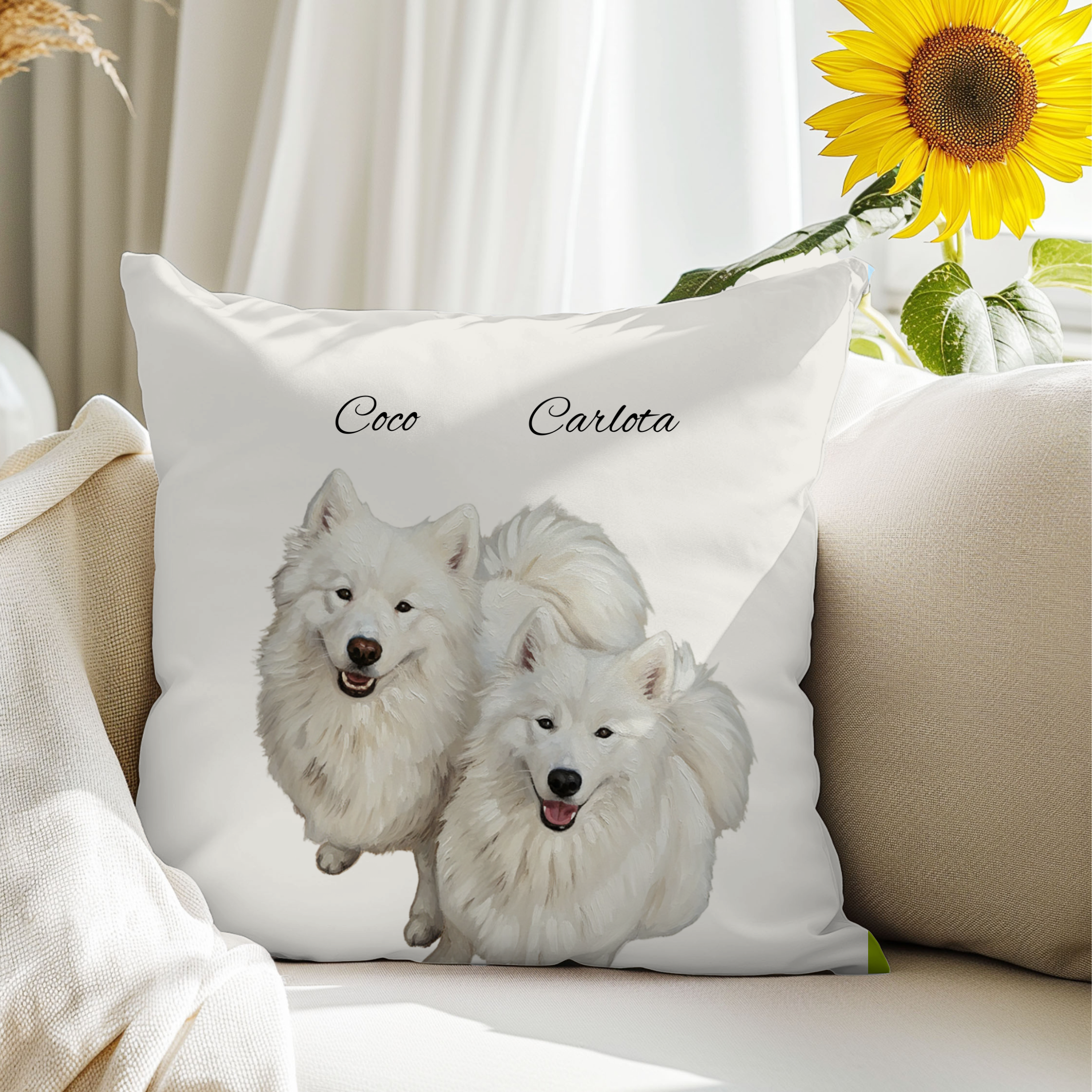 Cojín personalizado con la ilustración de tu mascota  en estilo contemporáneo                -Empieza a personalizar el cojín con el retrato de tu mascota.