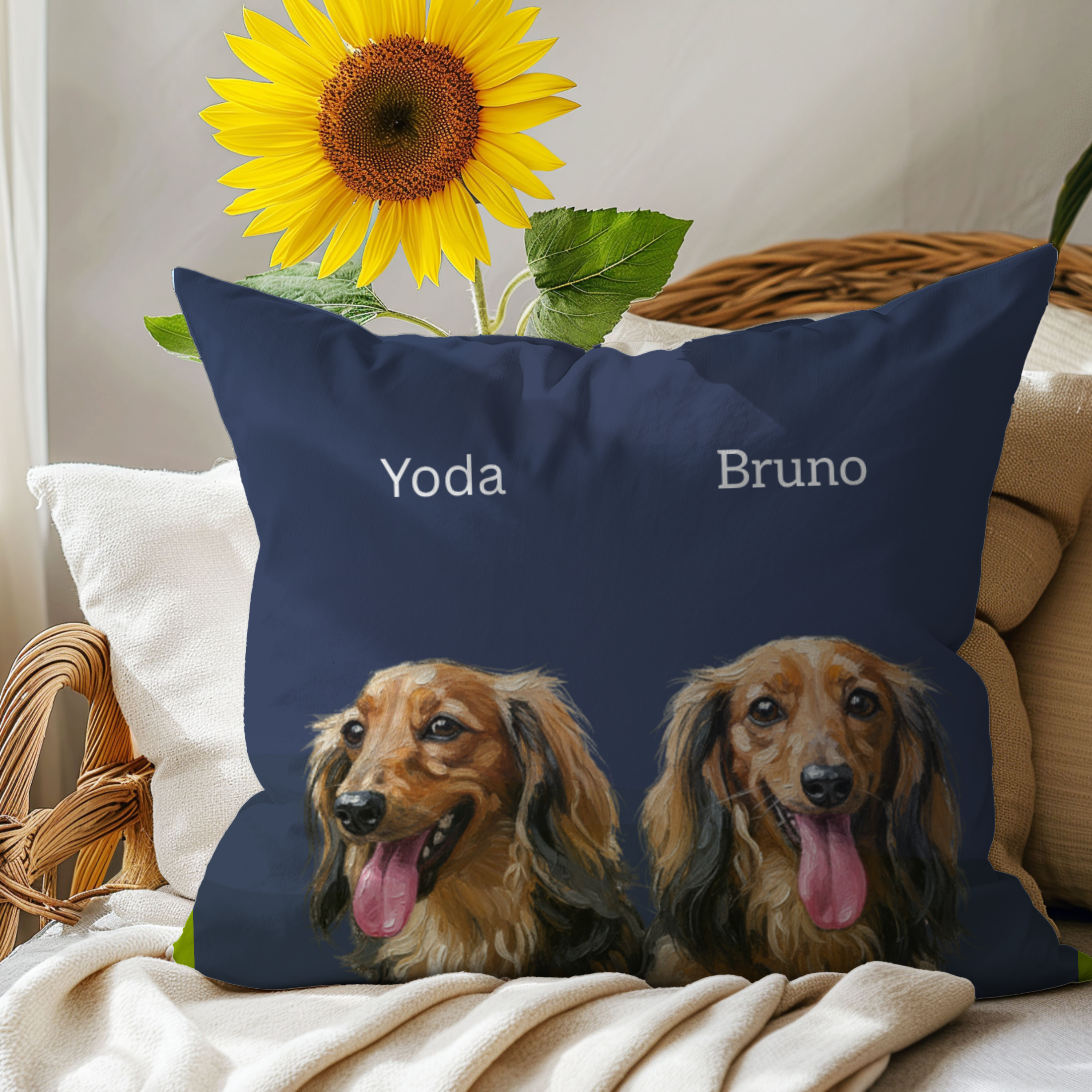 Cojín personalizado con la ilustración de tu mascota  en estilo contemporáneo                -Empieza a personalizar el cojín con el retrato de tu mascota.